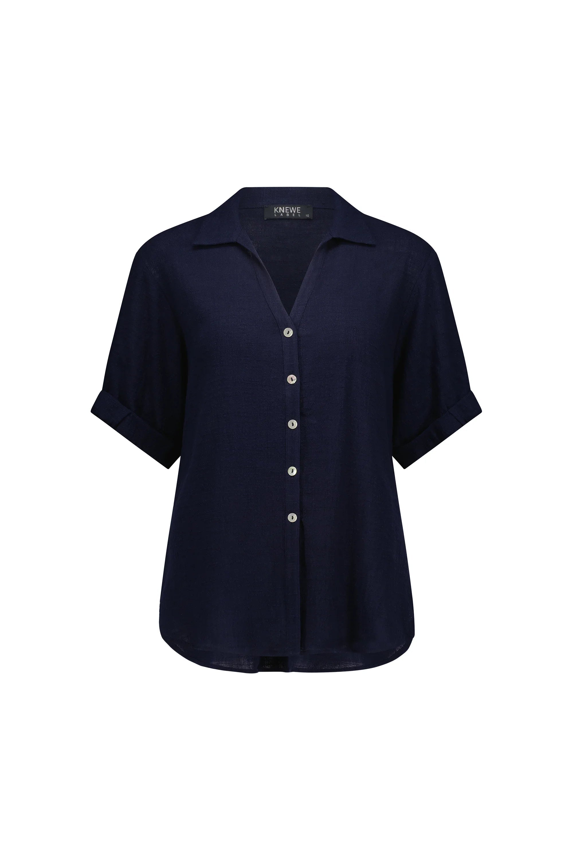 Navy short sleeve button-up shirt with collar and cuffed sleeves, front view