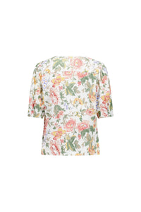 Back view of a short sleeve, floral print blouse with pastel colors and square neckline