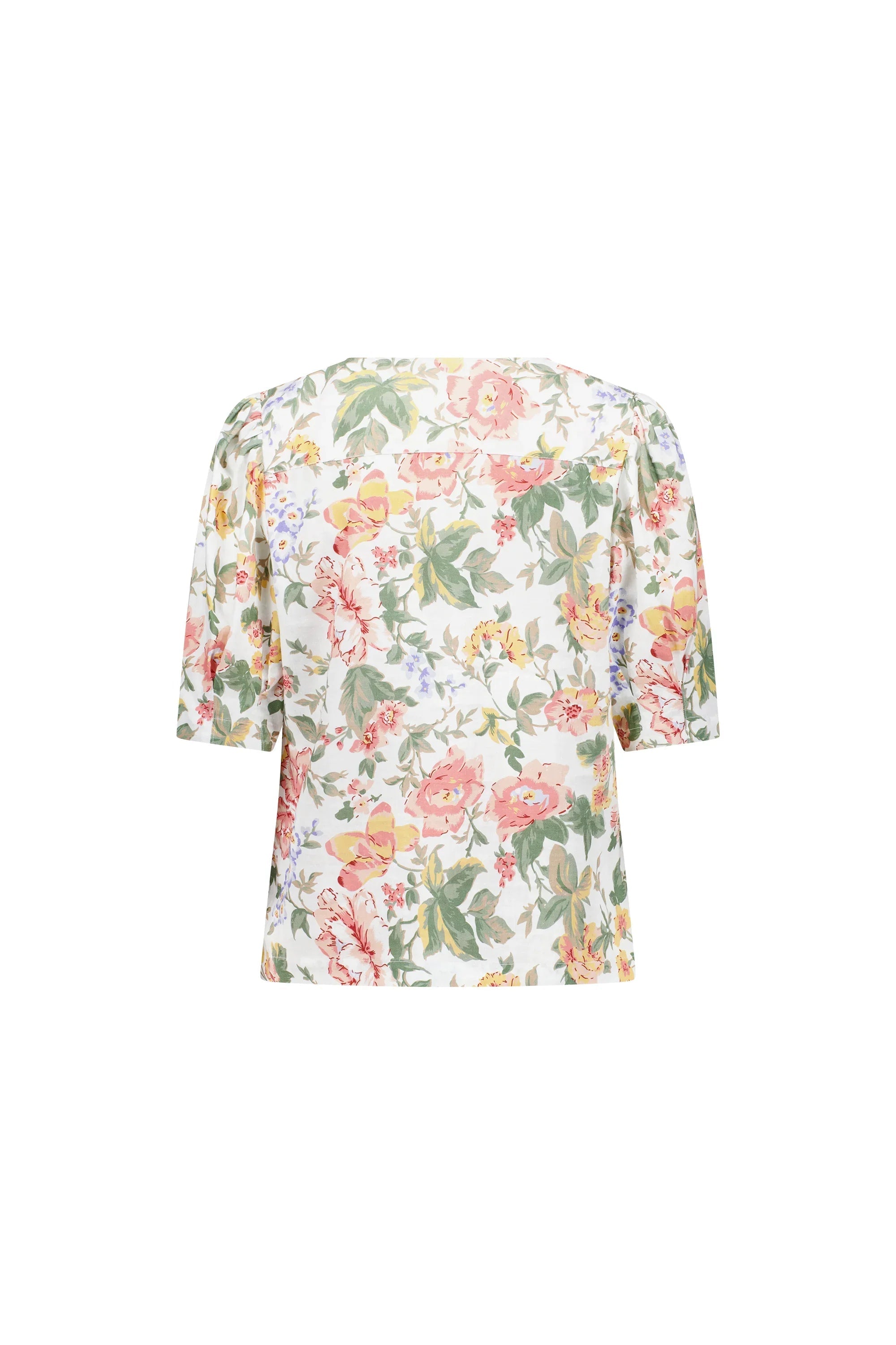 Back view of a short sleeve, floral print blouse with pastel colors and square neckline