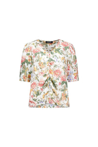 Floral V-neck ruched blouse with short sleeves and pastel flower print