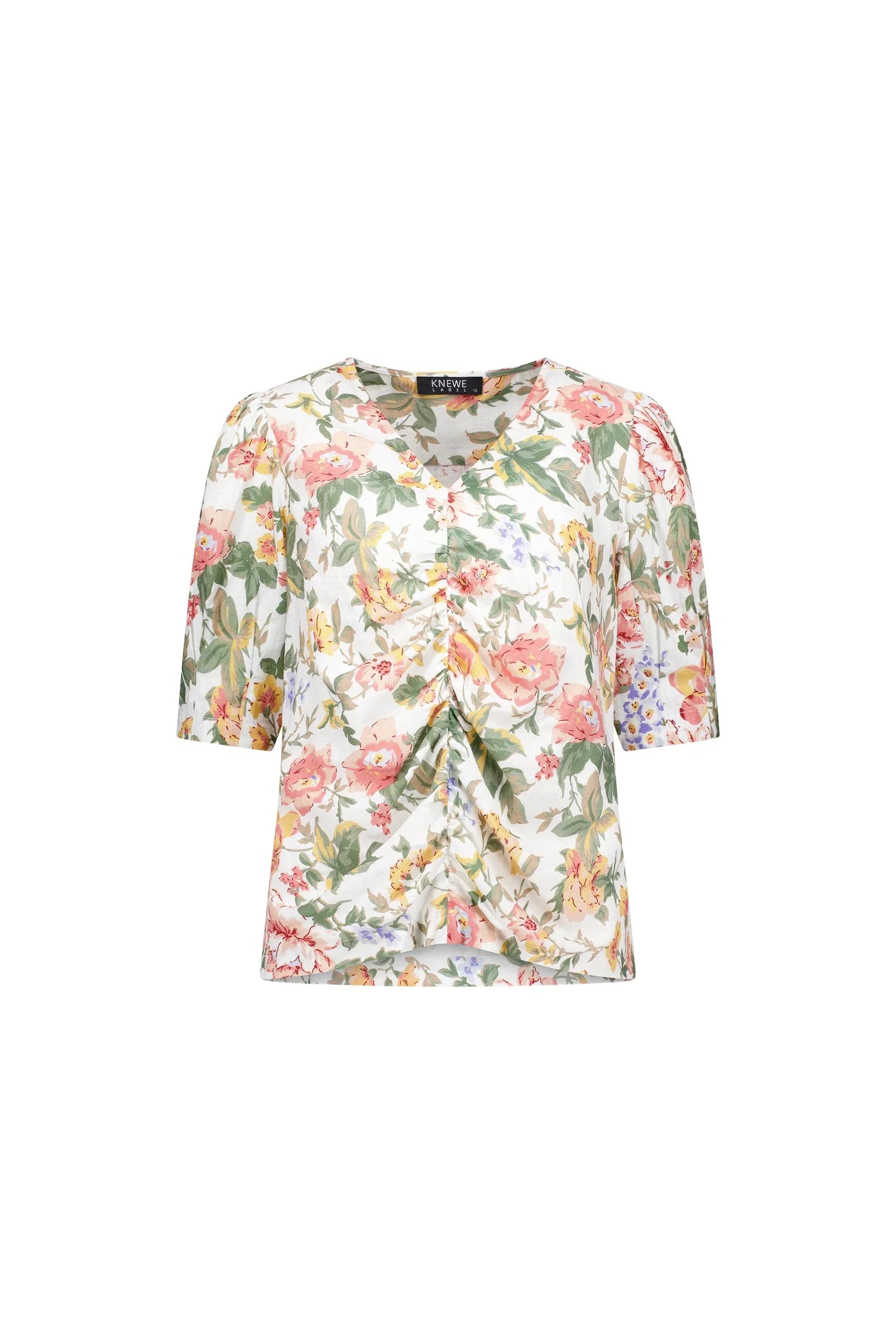 Floral V-neck ruched blouse with short sleeves and pastel flower print
