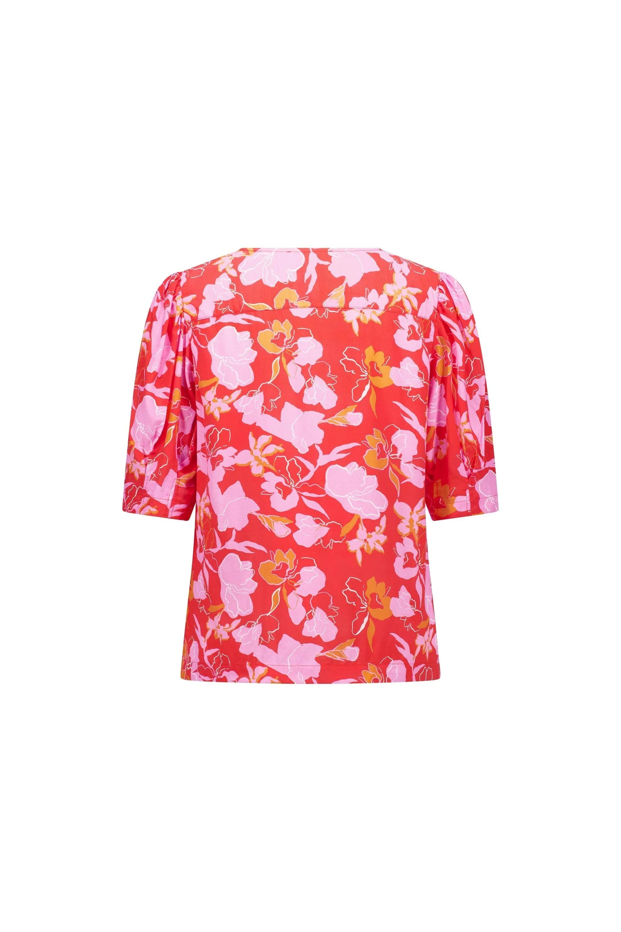 Back view of short sleeve red floral blouse with pink and yellow flower print