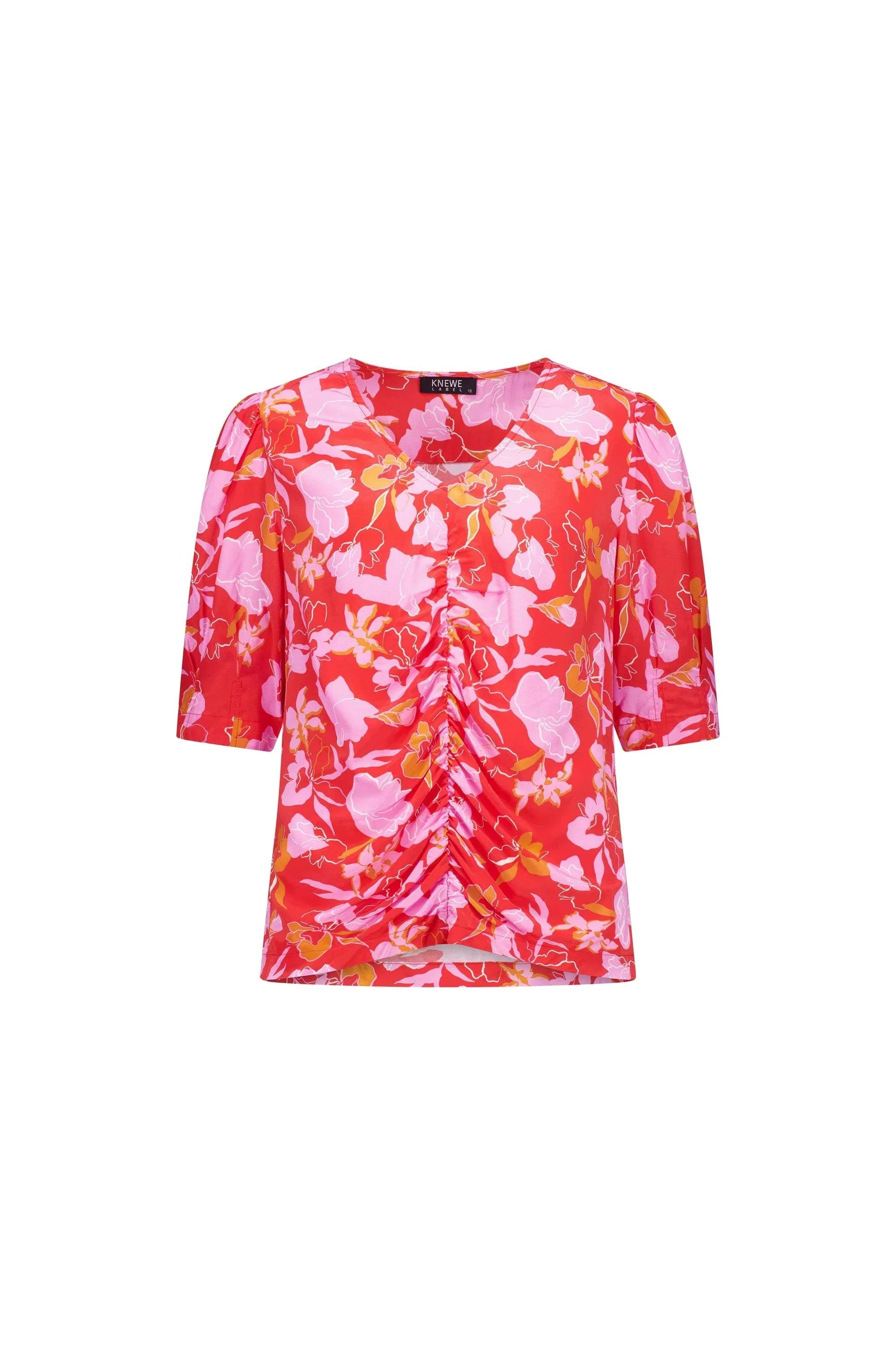 Red floral print blouse with ruched front detail and short sleeves, isolated on white background