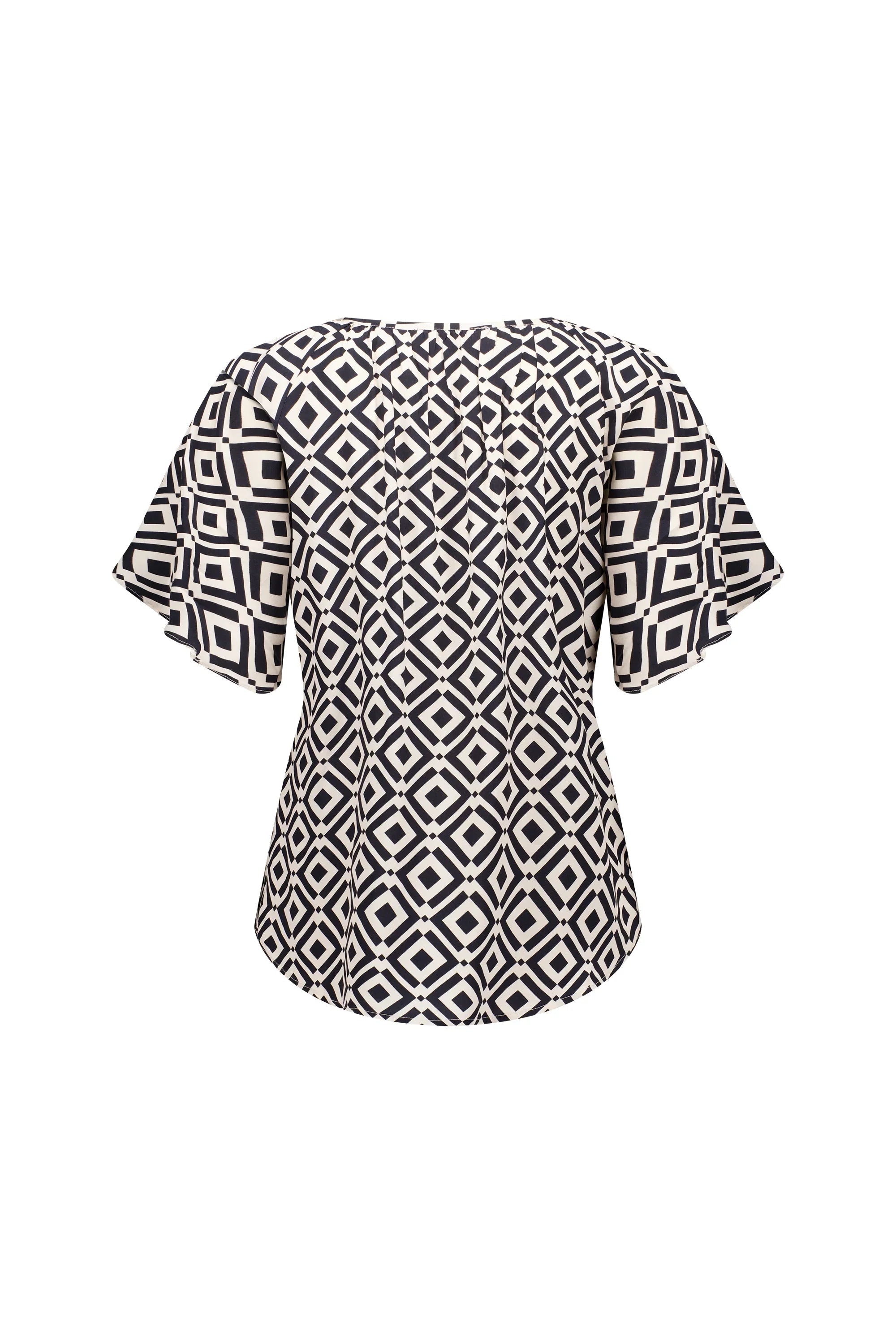 Back view of short sleeve top with black and white geometric diamond print pattern