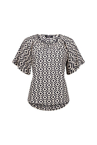 Geometric print short sleeve top with diamond pattern, scoop neck, black and cream color