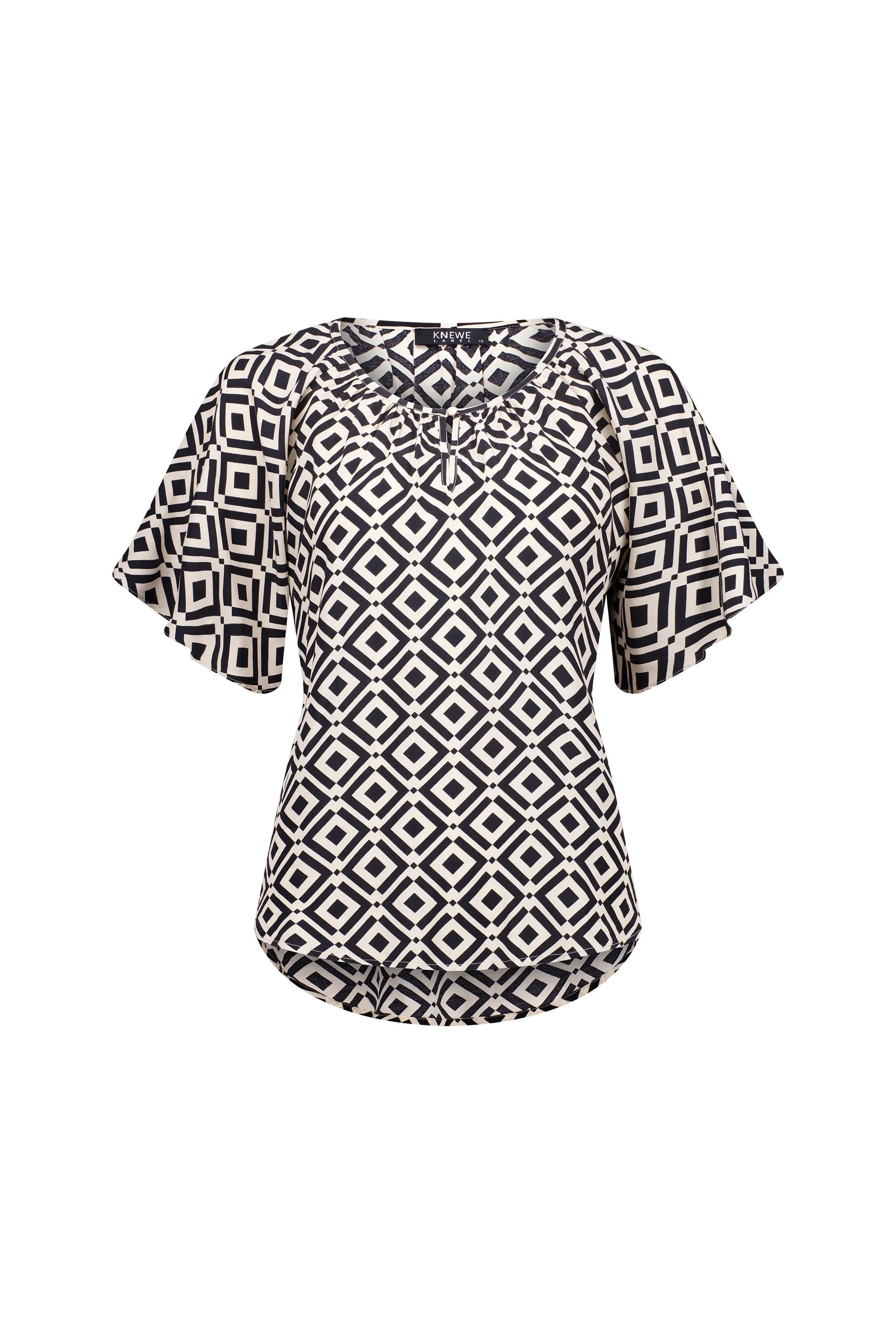 Geometric print short sleeve top with diamond pattern, scoop neck, black and cream color