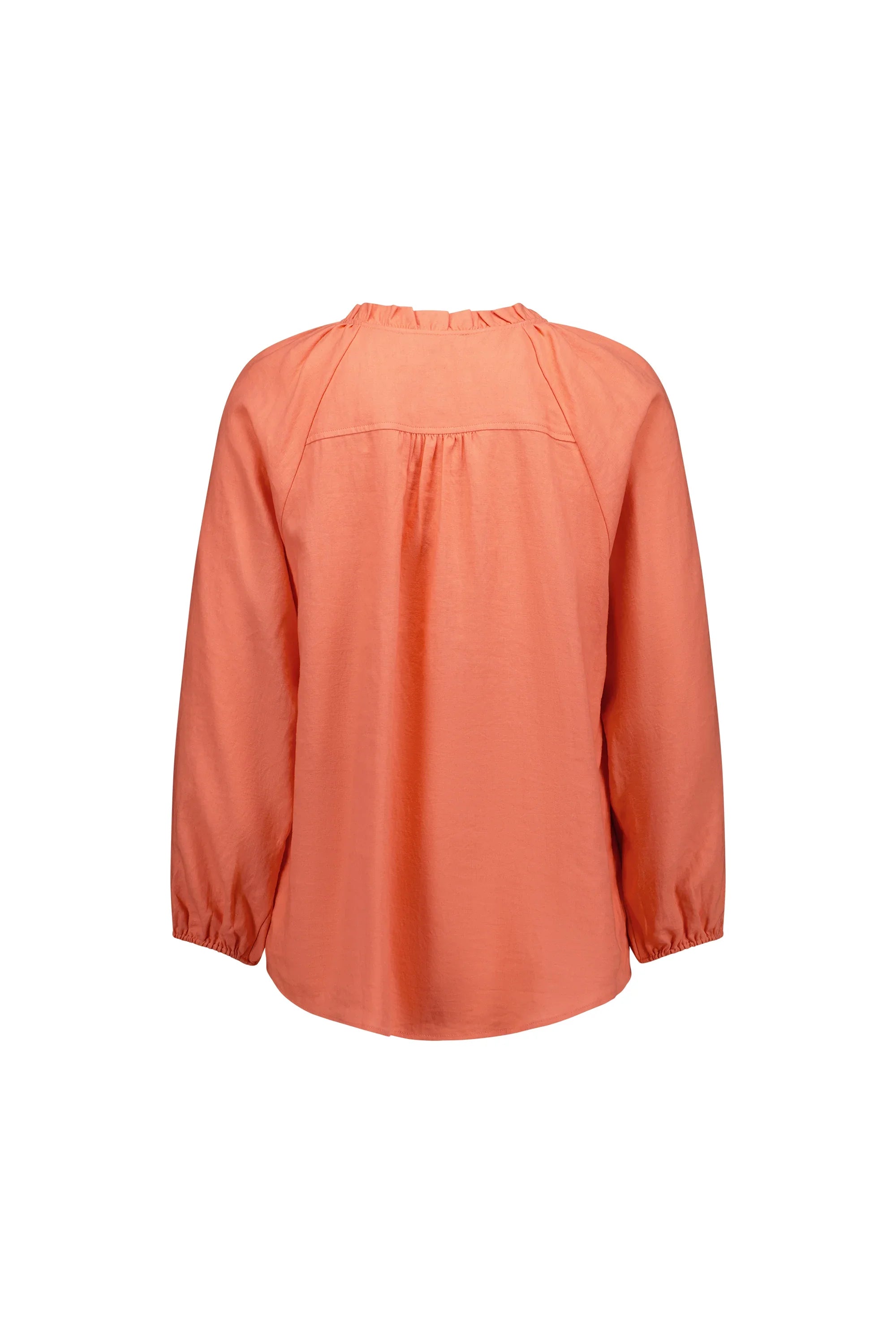 Back view of coral long sleeve blouse with gathered neckline and relaxed fit.