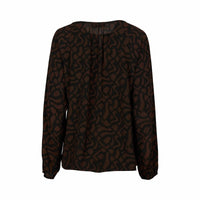 Back view of mocha brown long sleeve blouse with abstract black pattern