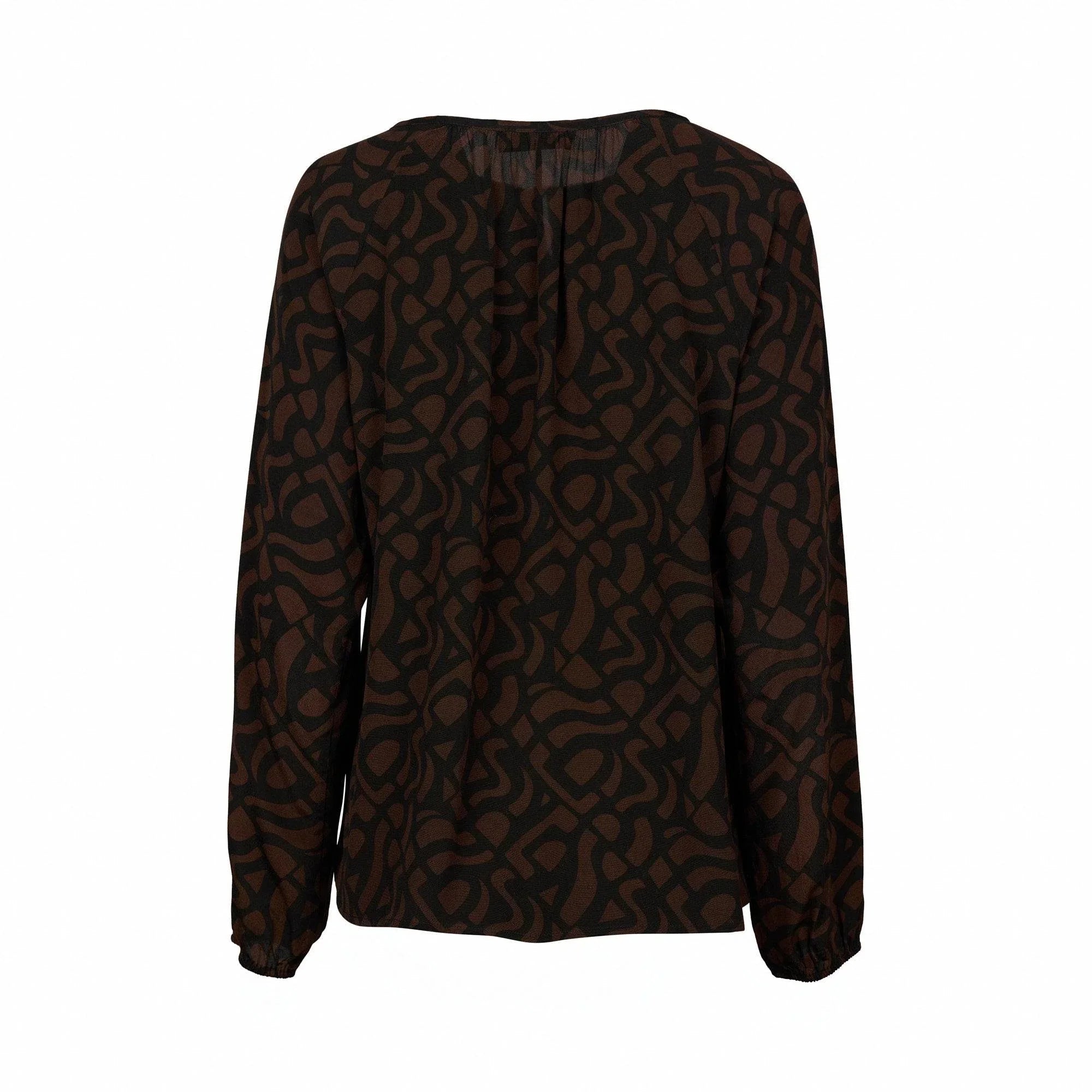 Back view of mocha brown long sleeve blouse with abstract black pattern