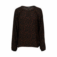 Mocha brown long sleeve top with abstract black pattern, gathered neckline, relaxed fit