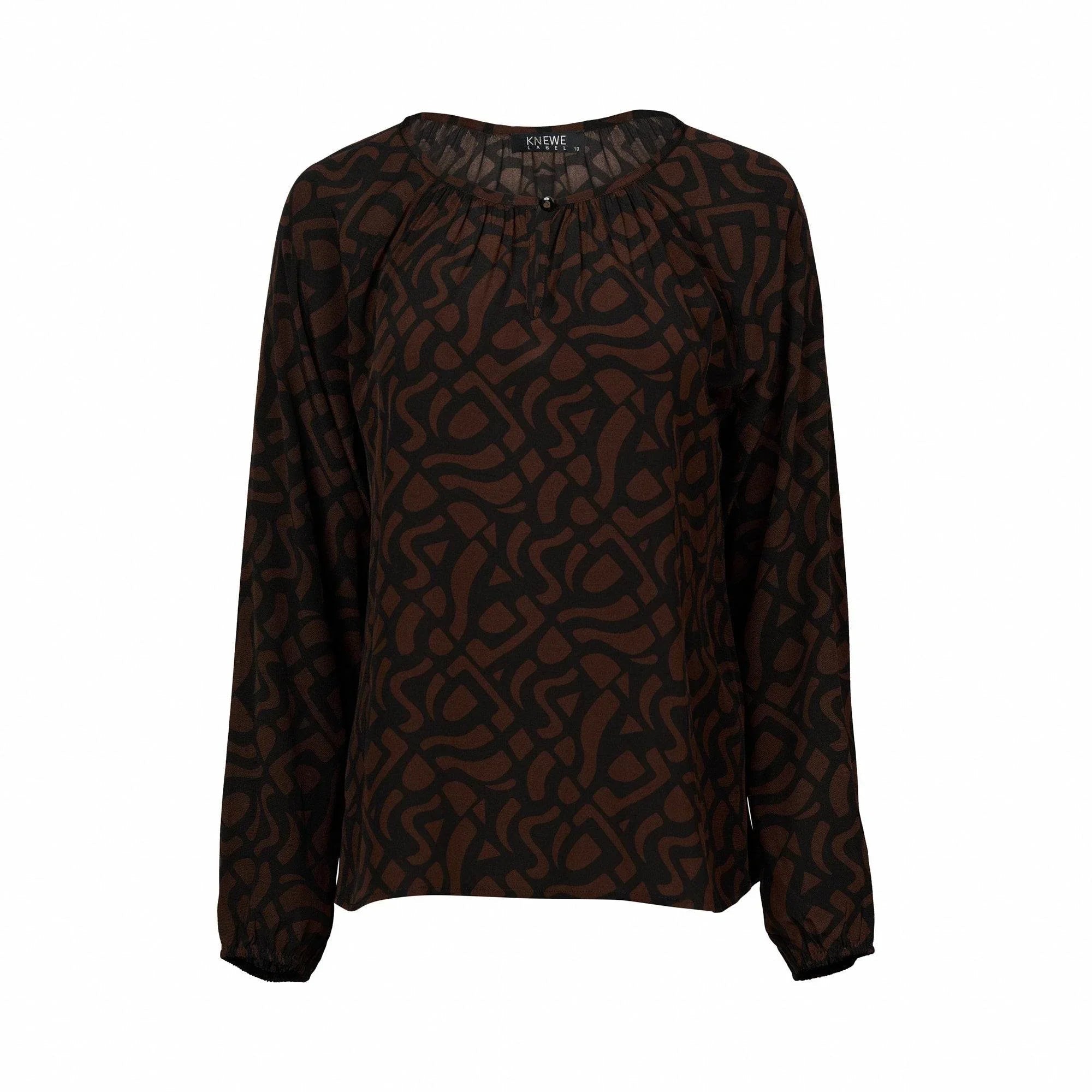 Mocha brown long sleeve top with abstract black pattern, gathered neckline, relaxed fit