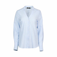 Blue and white striped button-up shirt with long sleeves and classic collar on white background
