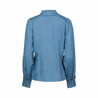 Back view of a long sleeve blue denim shirt with buttoned cuffs on a plain background