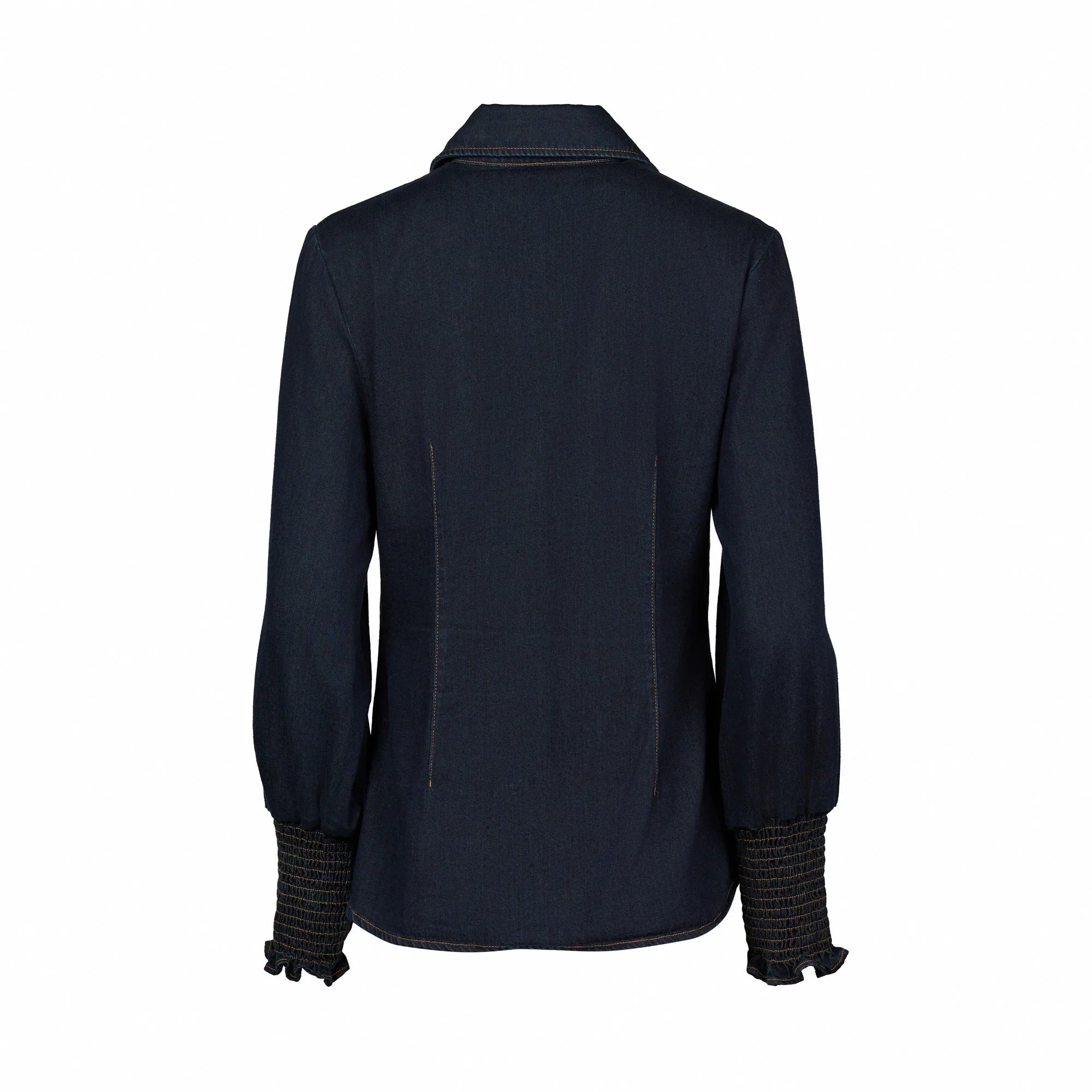Back view of dark denim long sleeve shirt with smocked cuffs and classic collar