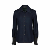Women's dark denim button-up shirt with long sleeves and smocked cuffs on white background