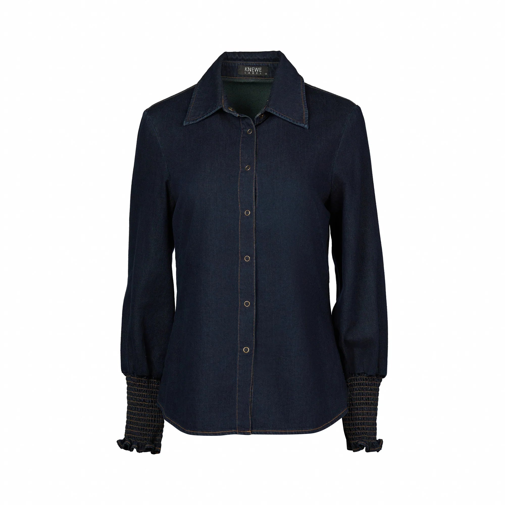 Women's dark denim button-up shirt with long sleeves and smocked cuffs on white background
