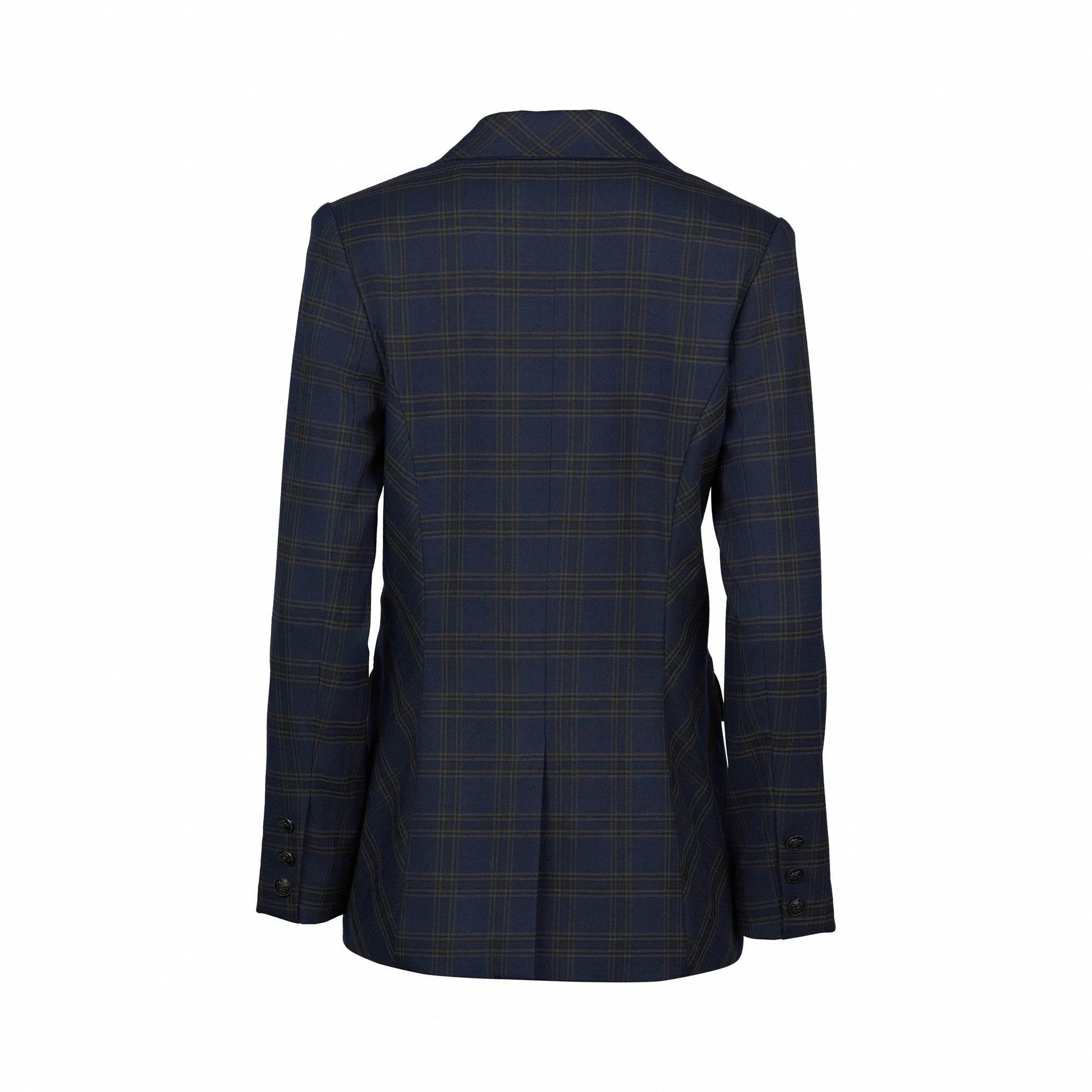 Back view of navy plaid women's blazer with buttoned cuffs on white background