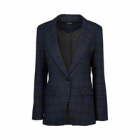 Women's navy checkered blazer with single button and front pockets on white background
