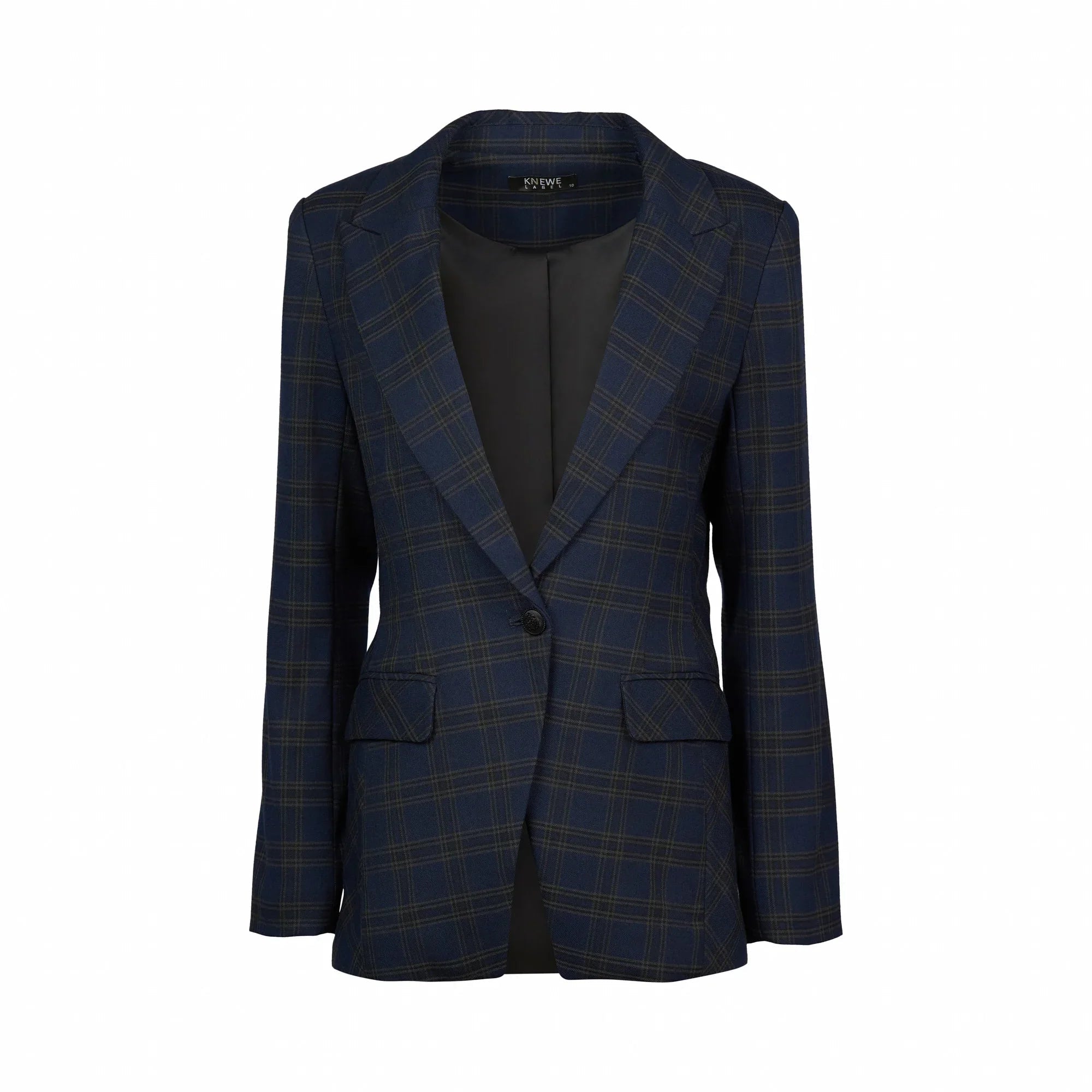 Women's navy checkered blazer with single button and front pockets on white background