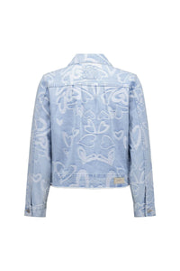 Light blue denim jacket with white heart pattern, back view, long sleeves, casual style