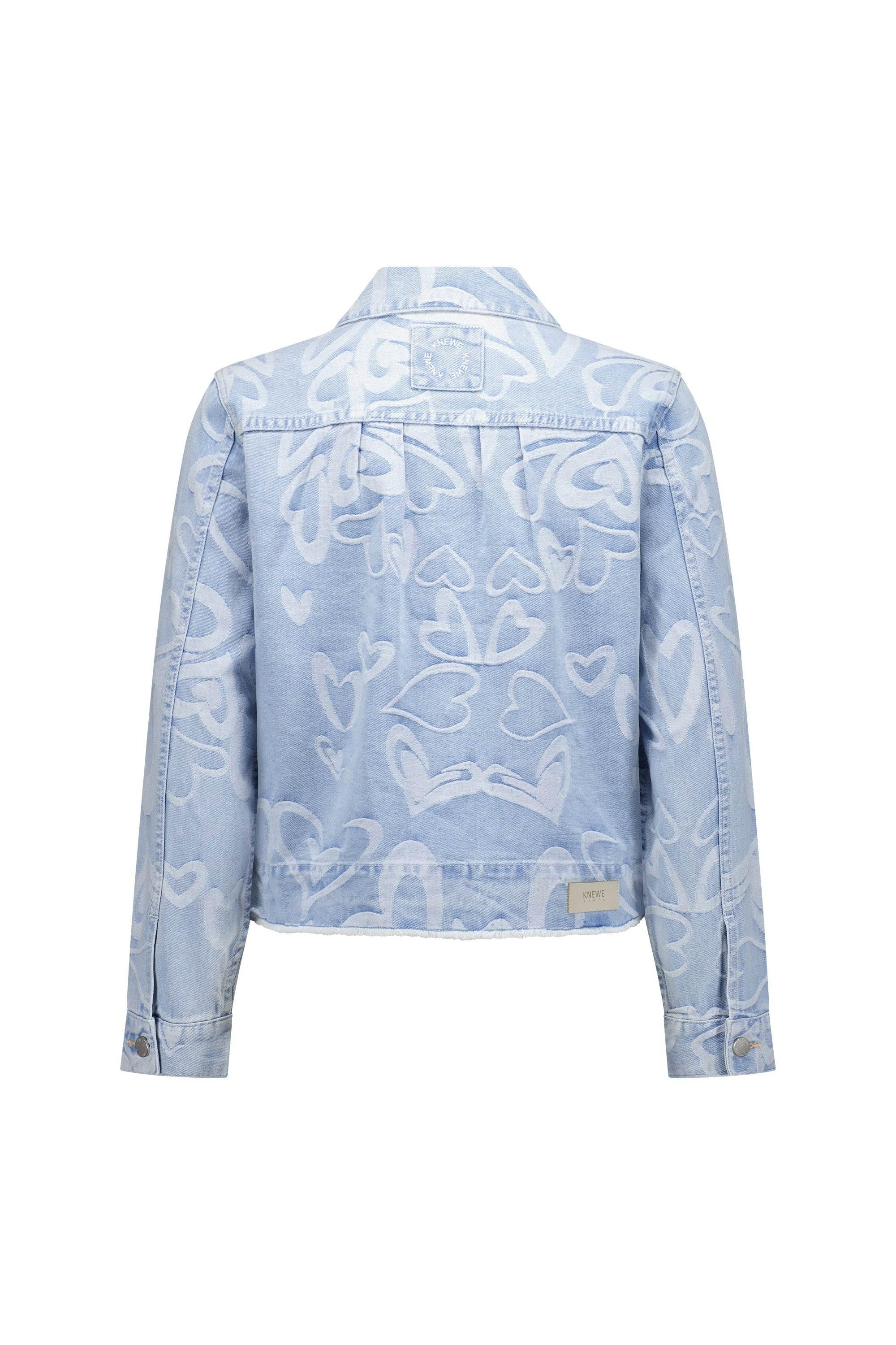 Light blue denim jacket with white heart pattern, back view, long sleeves, casual style