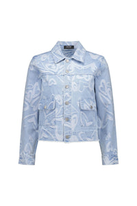 Light blue denim jacket with white heart patterns and front button closure
