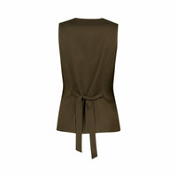 Back view of a sleeveless olive green vest with waist tie detailing, women's fashion top