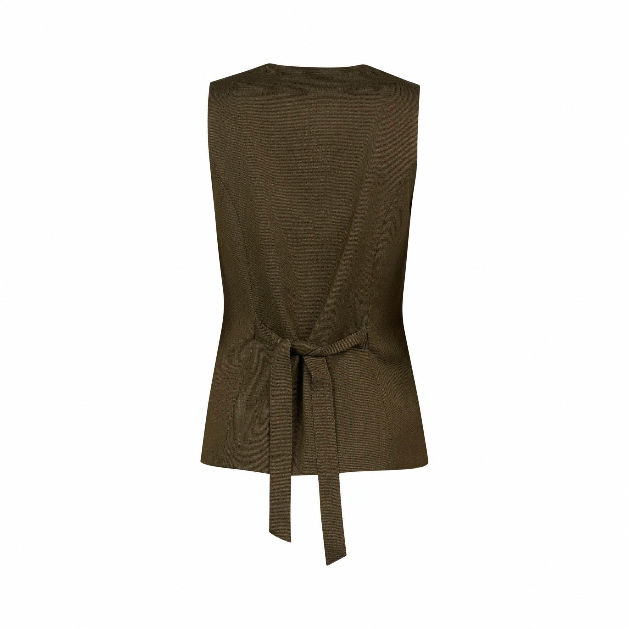Back view of a sleeveless olive green vest with waist tie detailing, women's fashion top