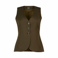 Women's olive green tailored vest with three buttons and V-neck on white background