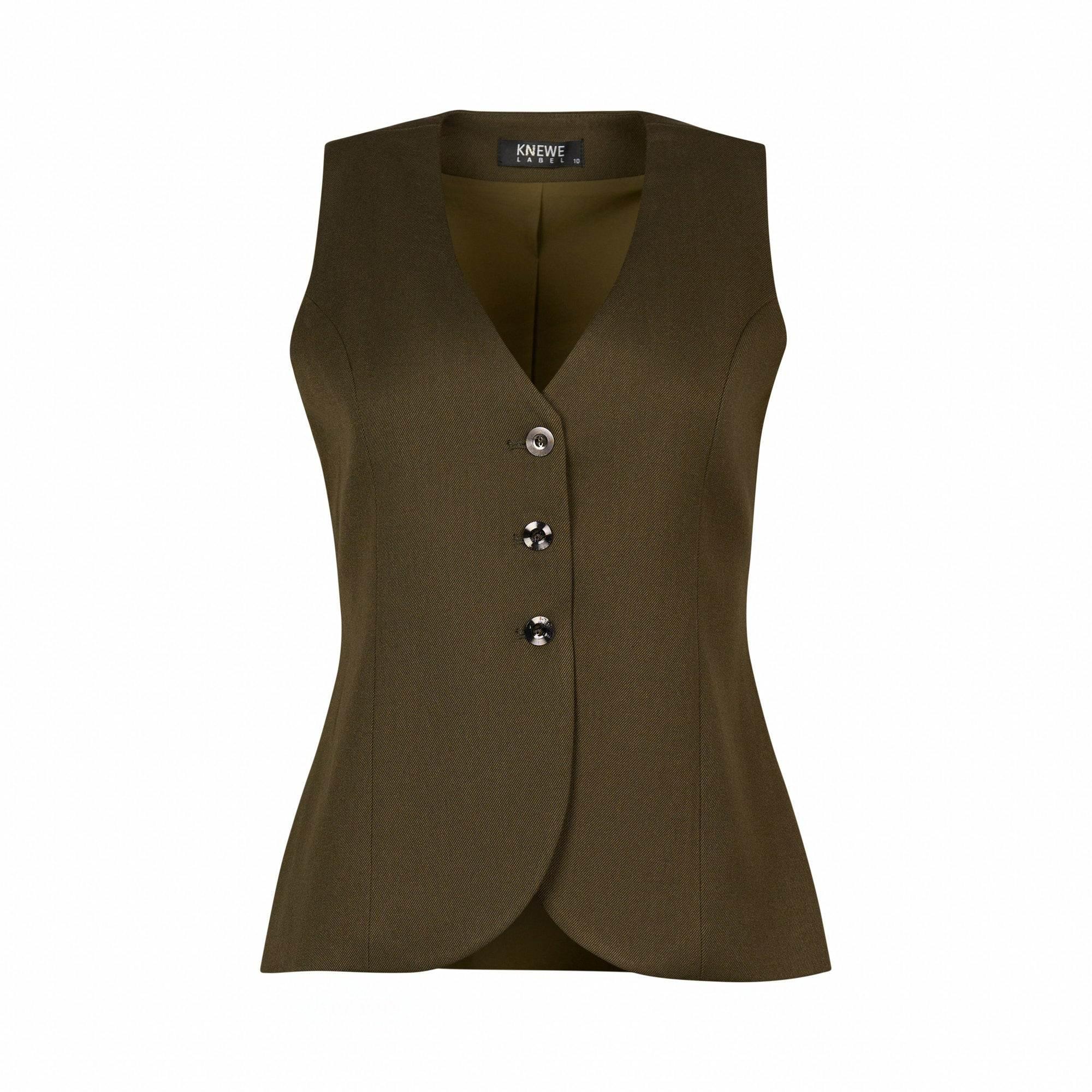 Women's olive green tailored vest with three buttons and V-neck on white background