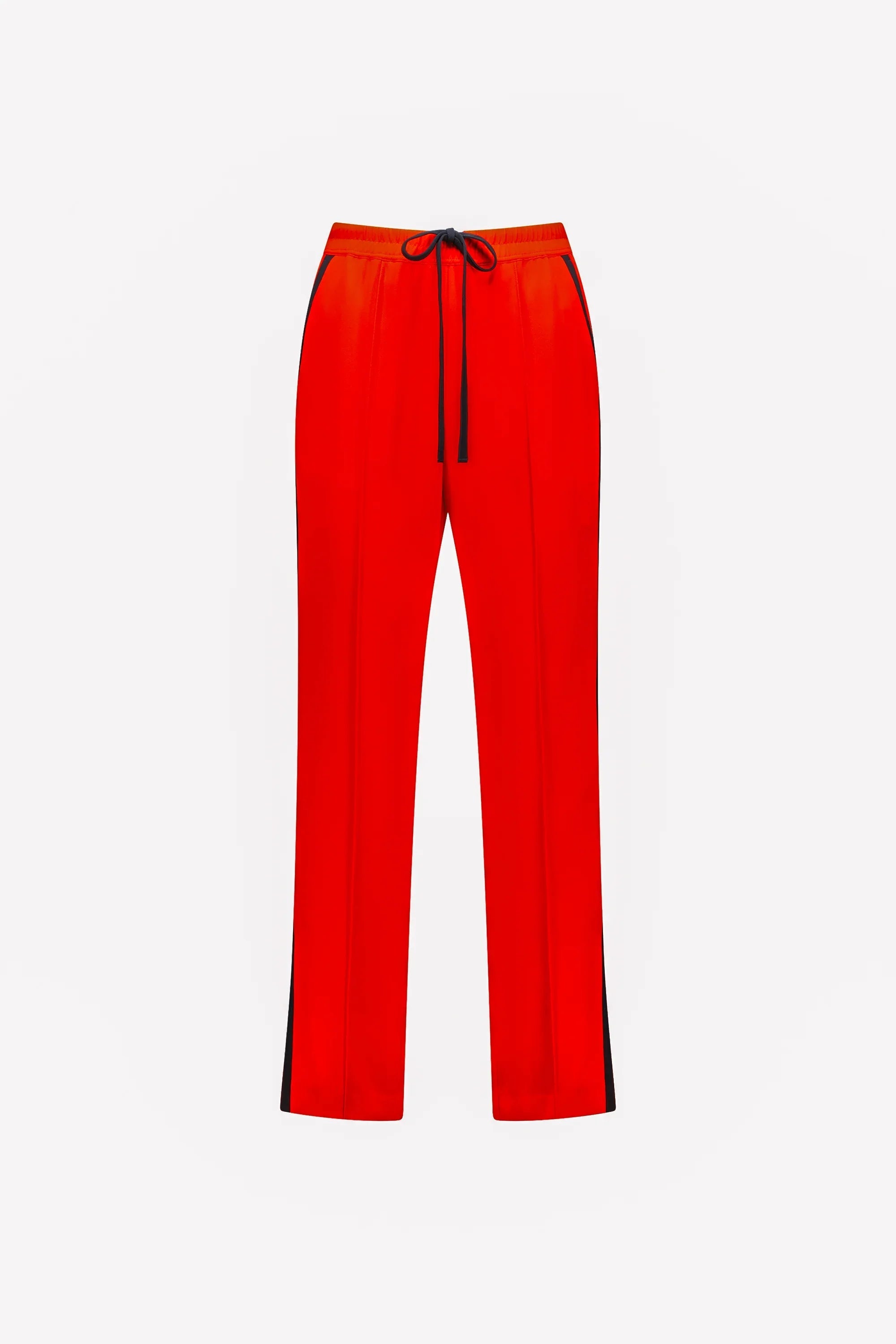 Bright orange women's pants with black drawstring and side stripe, front view on white background