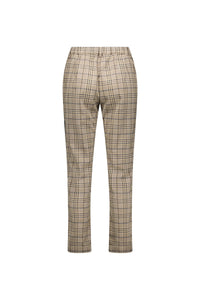 Back view of beige plaid slim-fit pants with elastic waistband, tailored check trousers