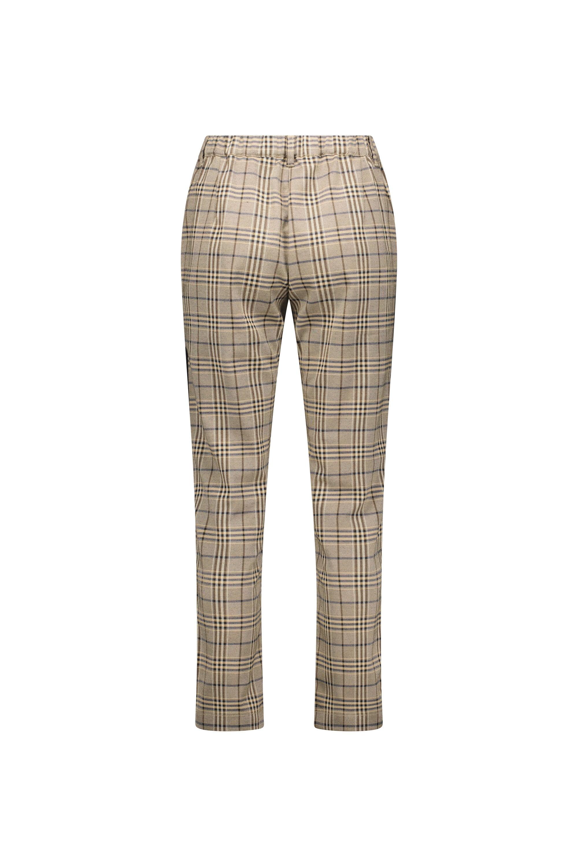 Back view of beige plaid slim-fit pants with elastic waistband, tailored check trousers