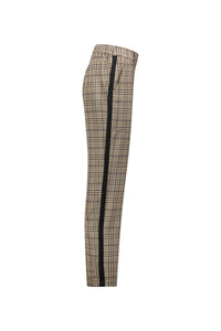 Side view of beige plaid tapered pants with black side stripe and elastic waistband