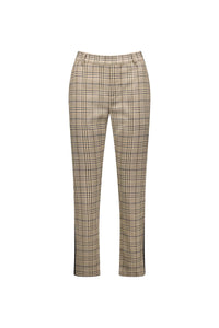 Beige plaid straight-leg trousers with belt loops and front pockets on white background
