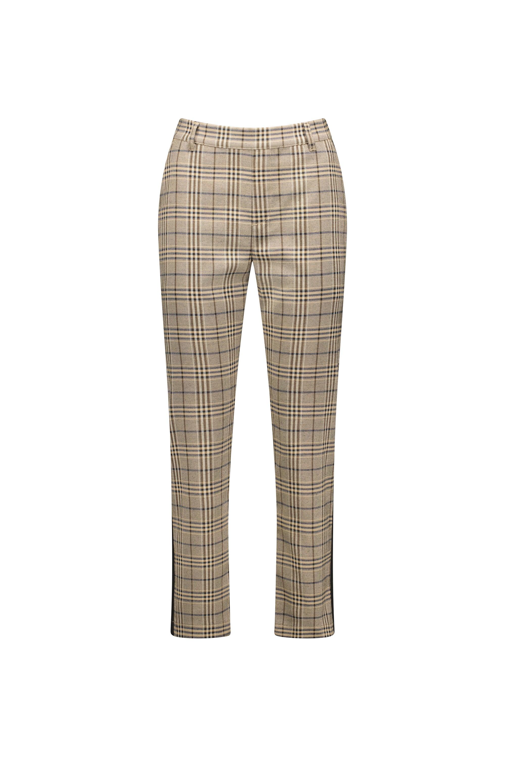 Beige plaid straight-leg trousers with belt loops and front pockets on white background