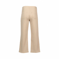 Back view of oat-colored wide leg denim jeans with two rear pockets on white background