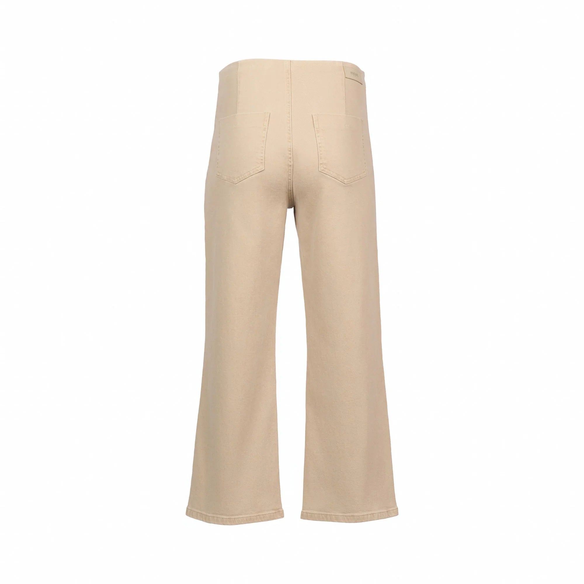 Back view of oat-colored wide leg denim jeans with two rear pockets on white background