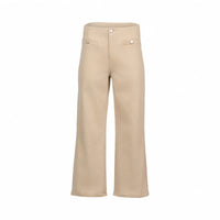 Women's wide-leg oat denim jeans with front buttons, high waist, and light beige color.