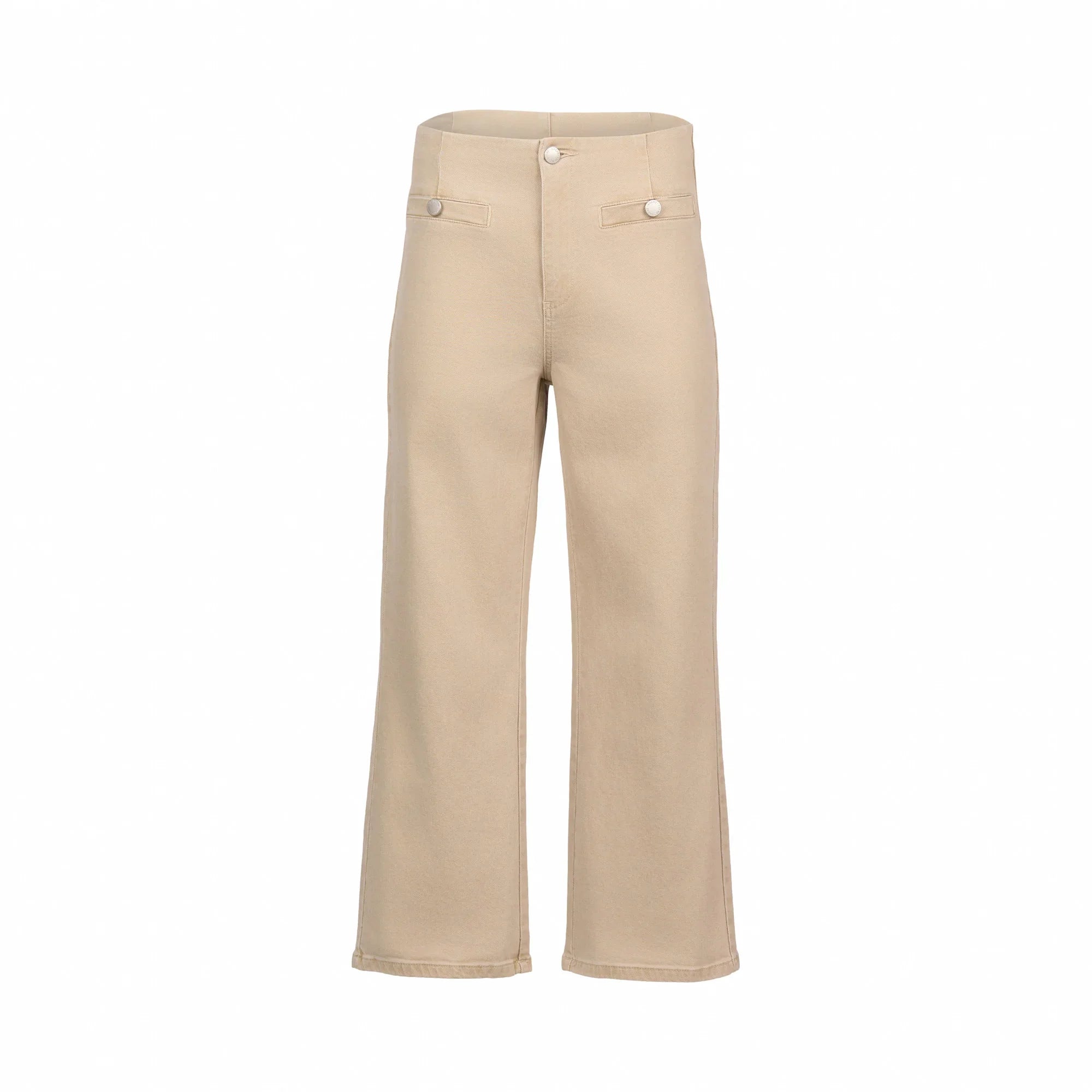Women's wide-leg oat denim jeans with front buttons, high waist, and light beige color.