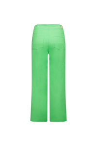 Back view of high-waisted apple green wide leg jeans with patch pockets