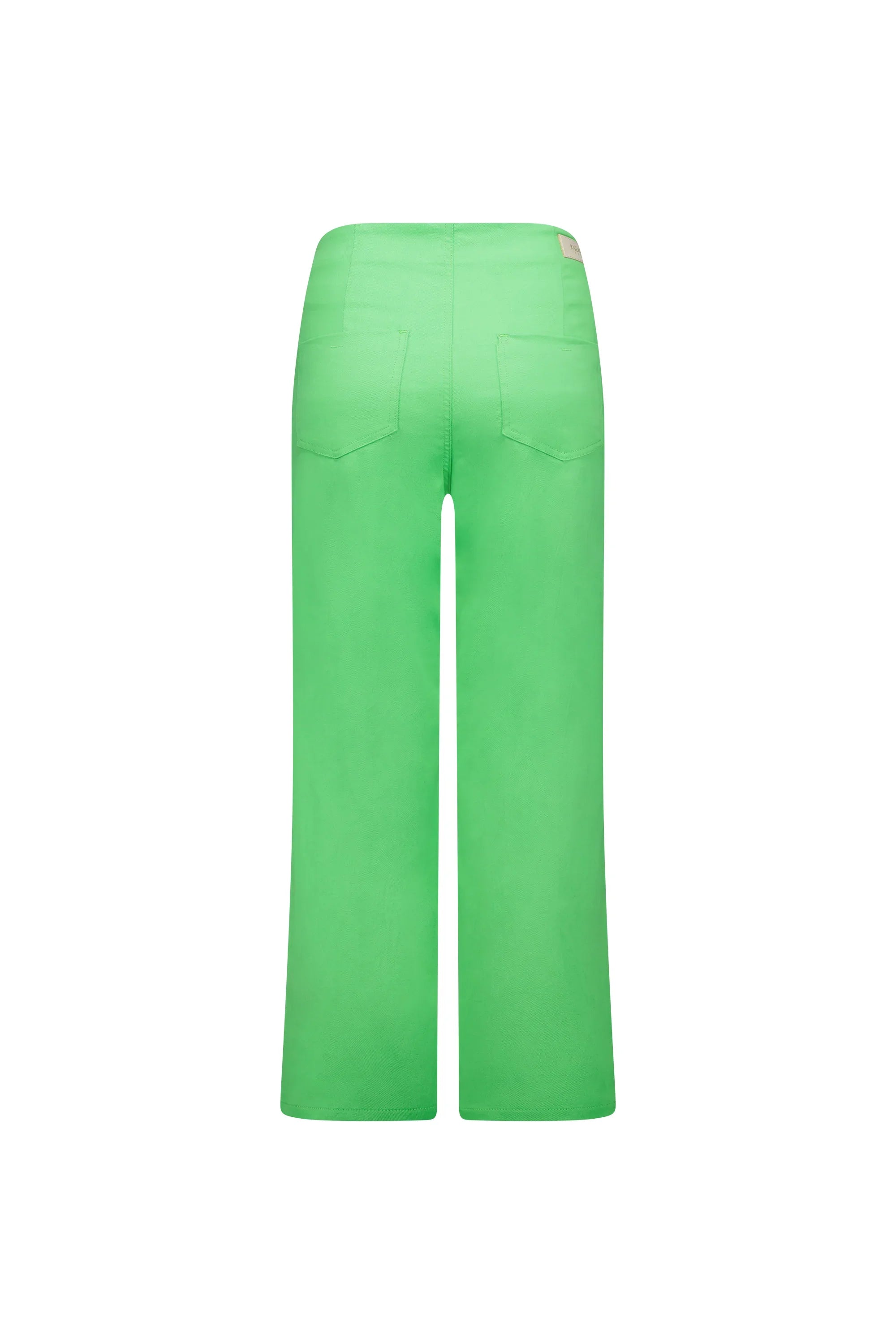 Back view of high-waisted apple green wide leg jeans with patch pockets