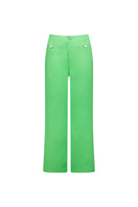 Women's wide leg green jeans with front button and pocket details on white background
