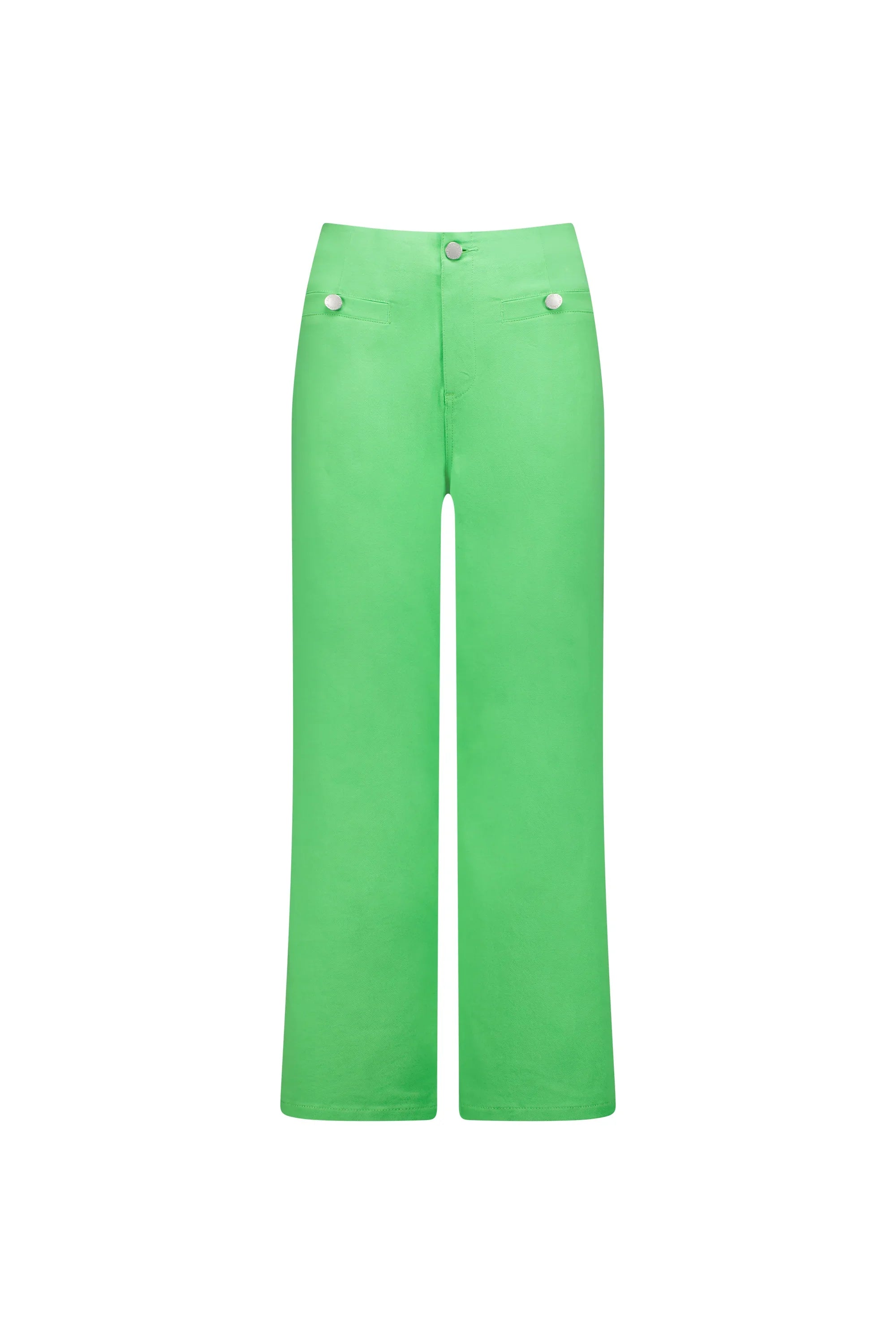 Women's wide leg green jeans with front button and pocket details on white background