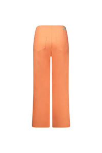 Back view of wide leg apricot jeans with high waist and rear pockets on white background