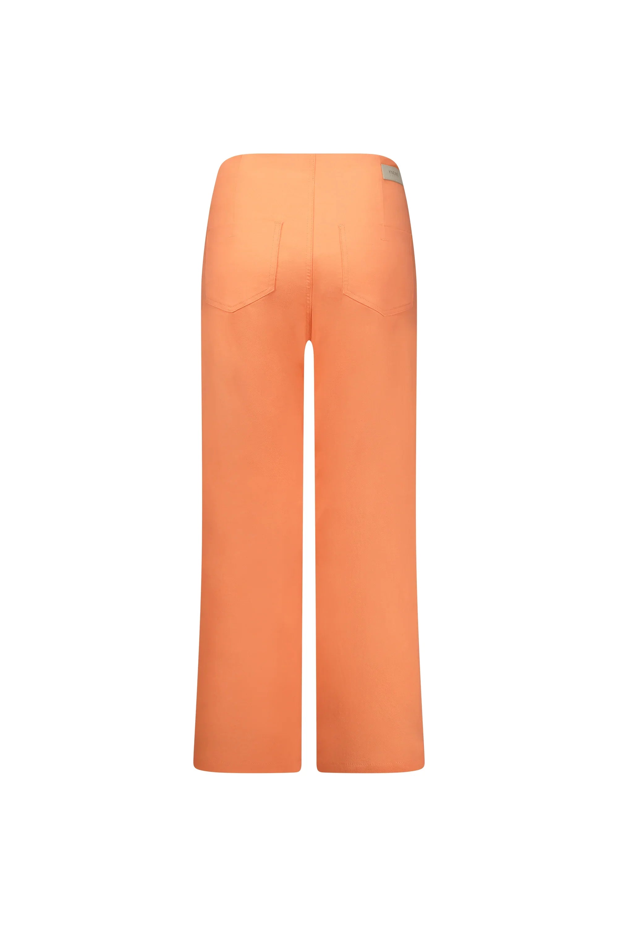 Back view of wide leg apricot jeans with high waist and rear pockets on white background
