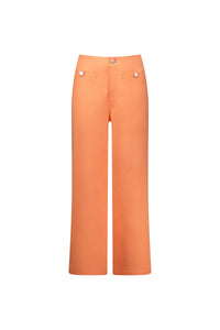 Women's apricot wide leg jeans with front buttons and pocket detail on white background