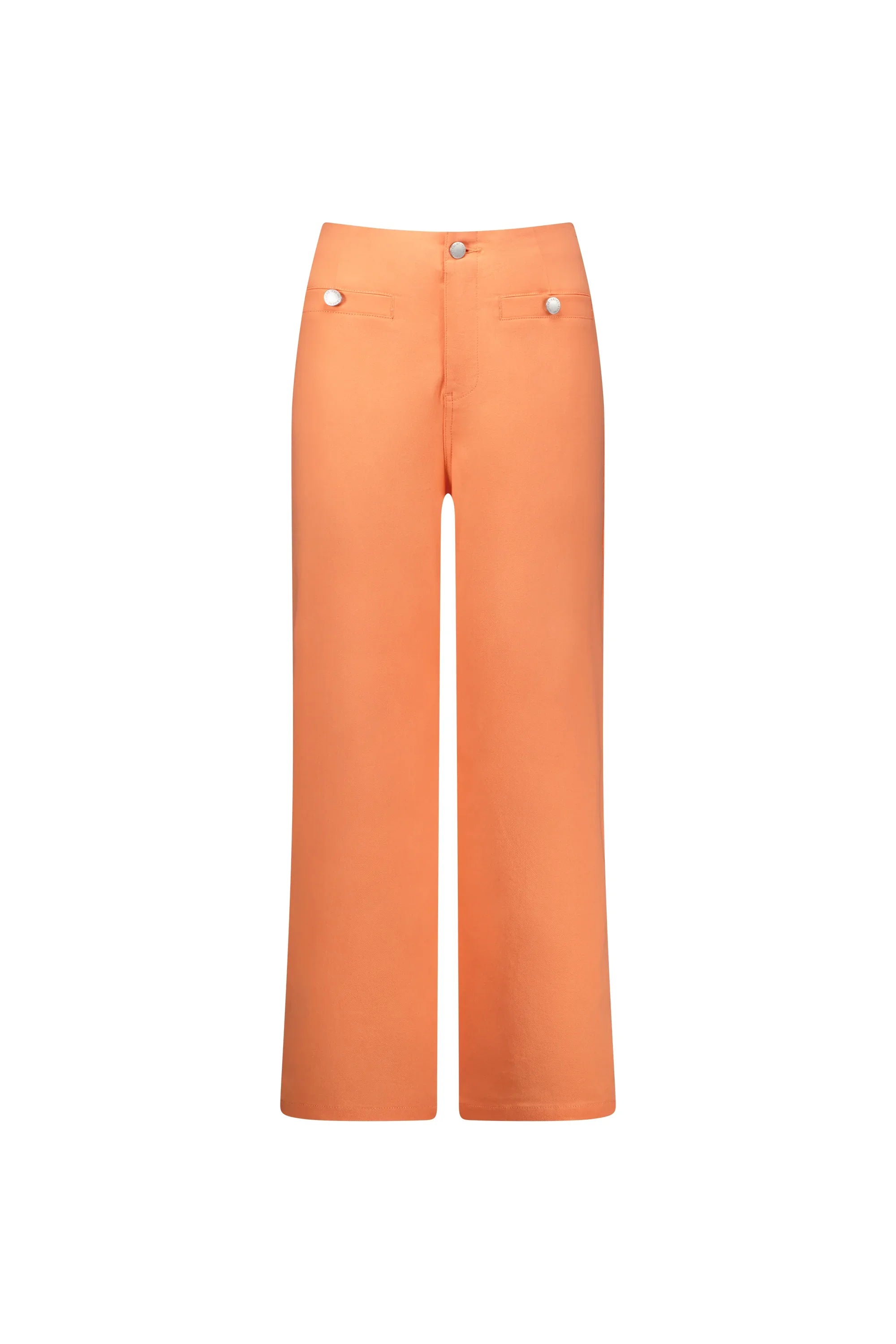 Women's apricot wide leg jeans with front buttons and pocket detail on white background