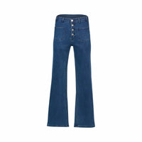 Blue wash flared jeans with front button closure and patch pockets, studio background.