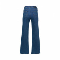 Back view of blue wash wide-leg jeans with high waist and pocket stitching